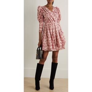 Batsheva Dress 10 Izra Floral Print Cotton Poplin Mini Fit Flare Red Feminine